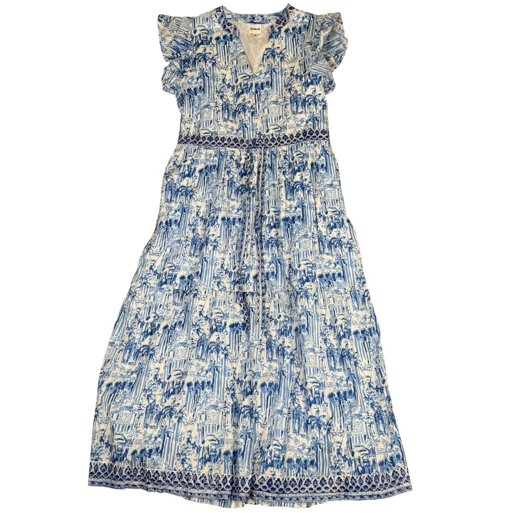 Charlee Blue White Tropical Toile Flutter Sleeve Tiered Maxi Dress Medium